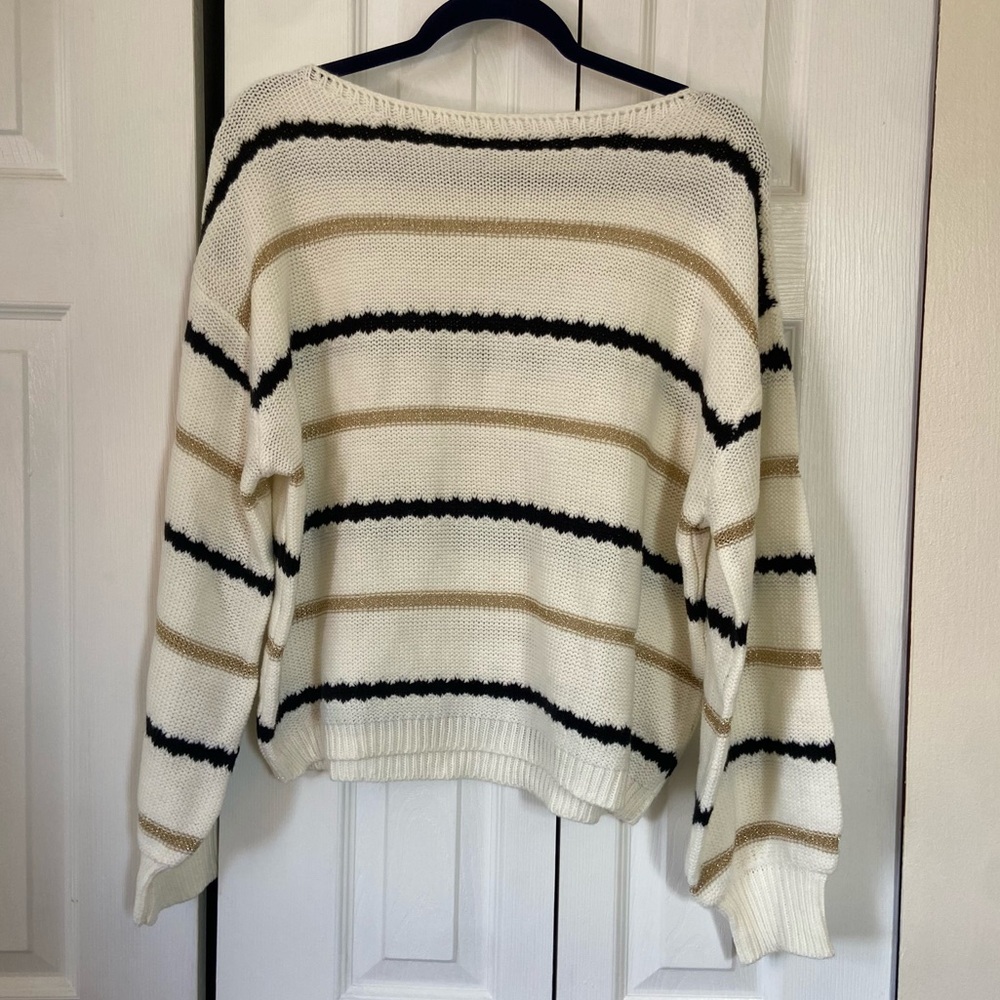 Francesca’s Cream, Gold, and Black Striped Sweater, Women’s size M